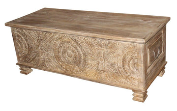 Whitewash Carved Wood Coffee Table