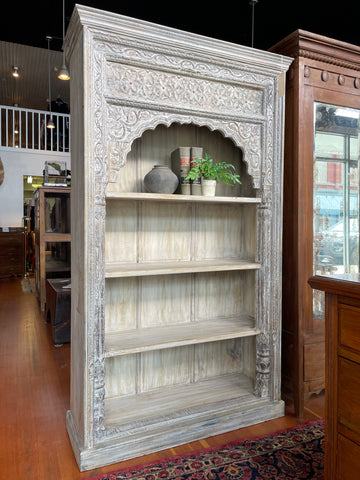 Whitewash Carved Wood Bookshelf