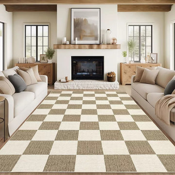 8x10 Beige Check Transitional Washable Rug