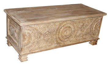 Whitewash Carved Wood Coffee Table