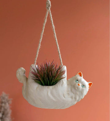 Tan Hanging Cat Planter